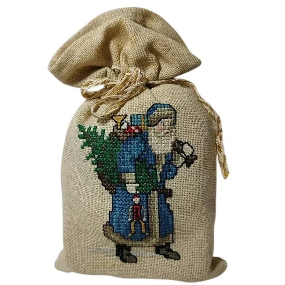 Finished Counted Cross Stitch Christmas Gift Bag Decorative Santa Claus Ten Inch